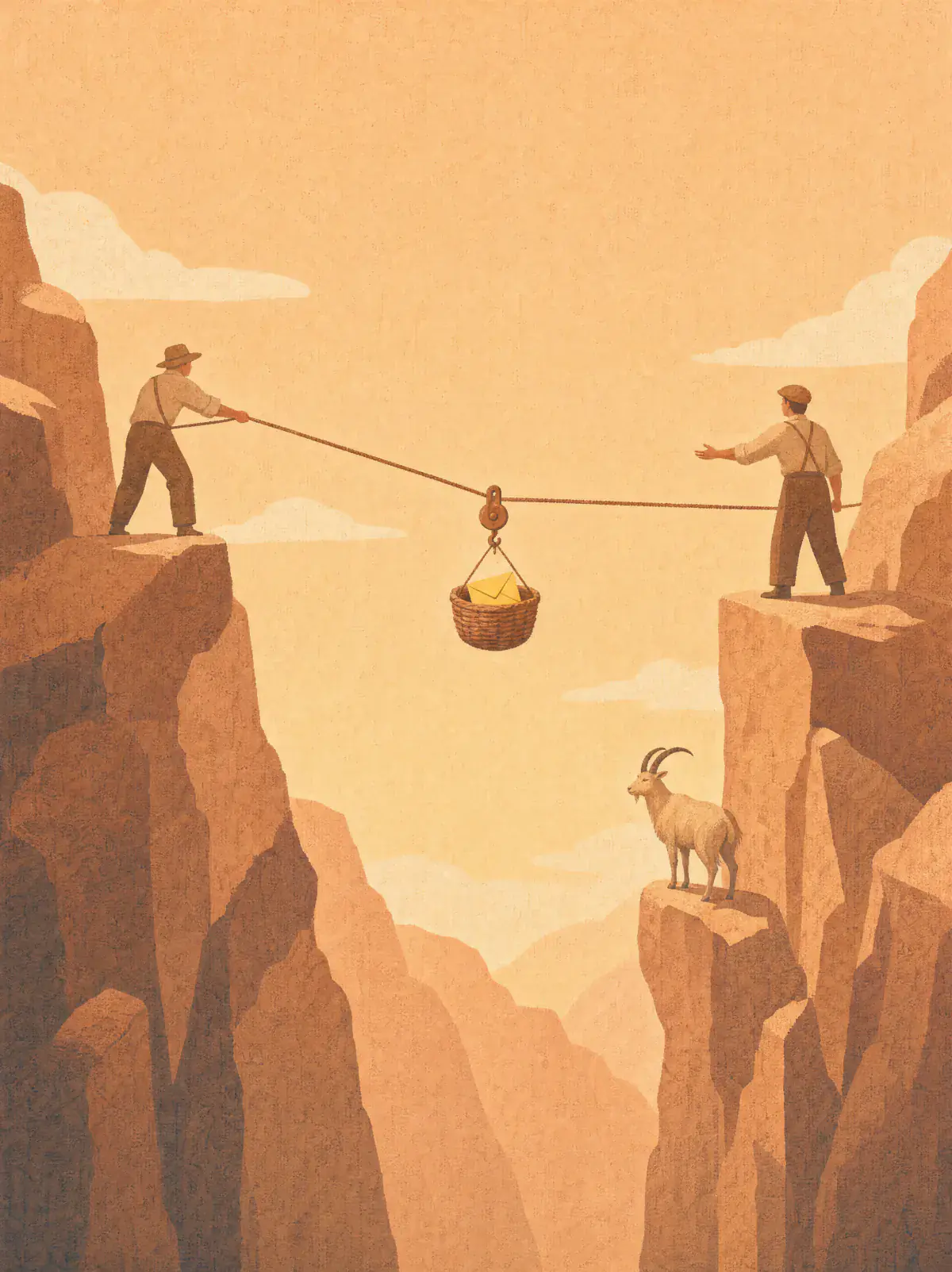 Across a sunny gorge one man sends a basket with a citrine envelope along a rope on a pulley, while a second man on the far cliff reaches out for it and a mountain goat watches from a ledge below.