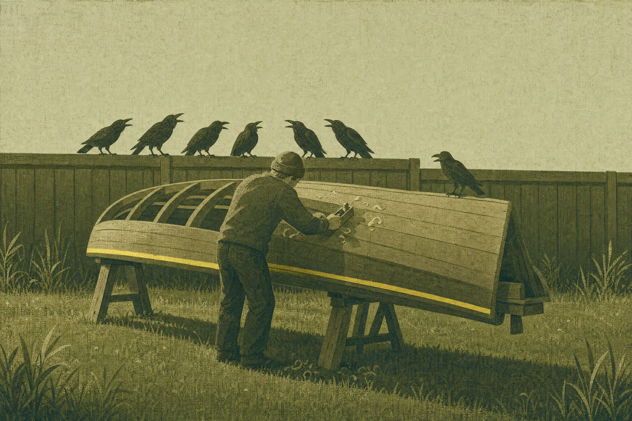 Someone in a knit cap planes the hull of an upturned wooden boat with one citrine stripe, while a row of crows caws at each other on the fence behind and one more crow has landed on the boat.