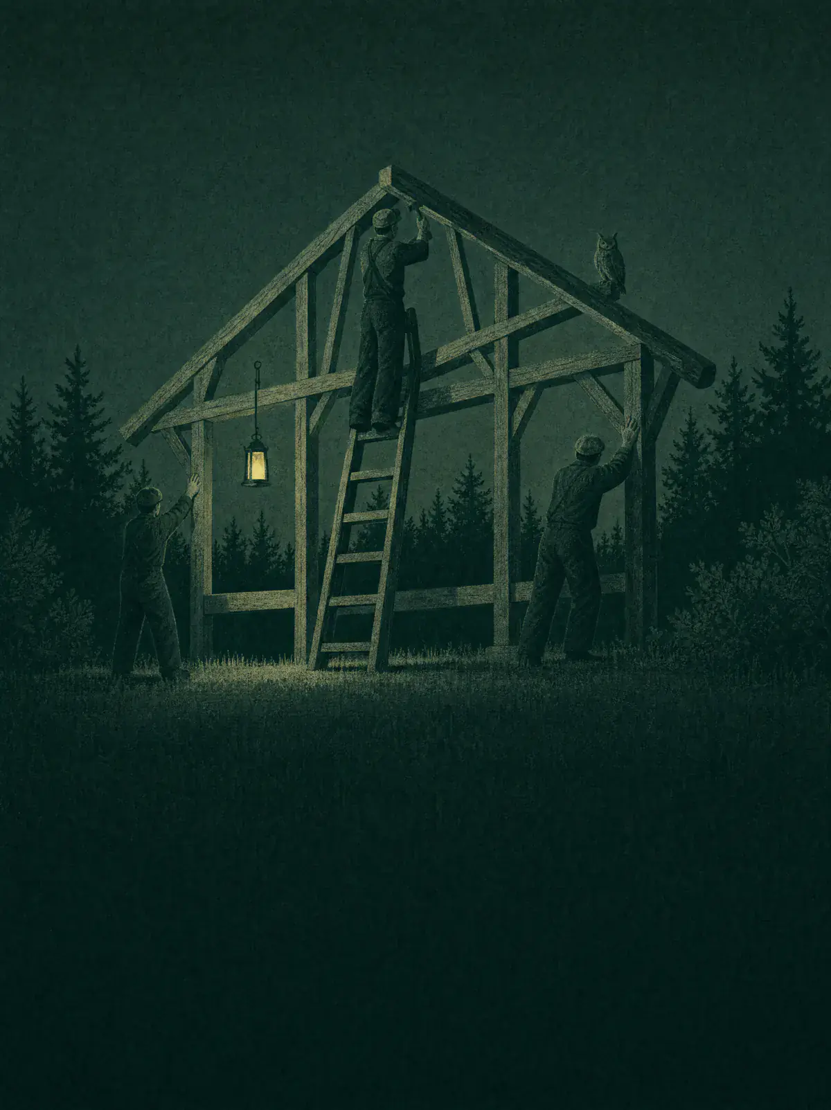 At night three people raise the timber frame of a small barn in a meadow by the light of one citrine lantern, one on a ladder at the ridge, while an owl sits on the end of the beam and watches.
