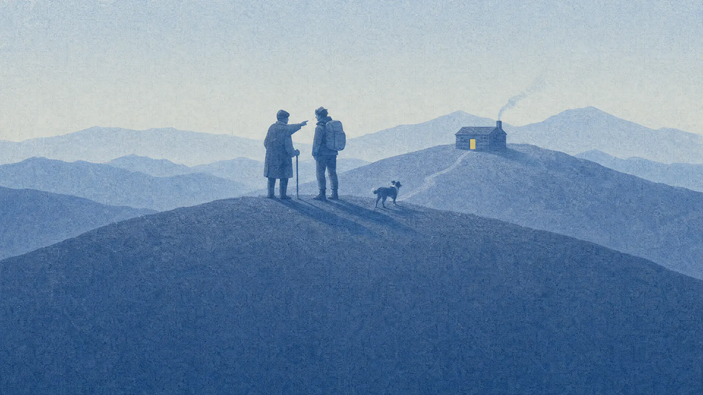 On a hilltop an older man with a walking stick points a traveller with a backpack across the valley to a small workshop with a citrine door, while a dog has already set off down the path toward it.