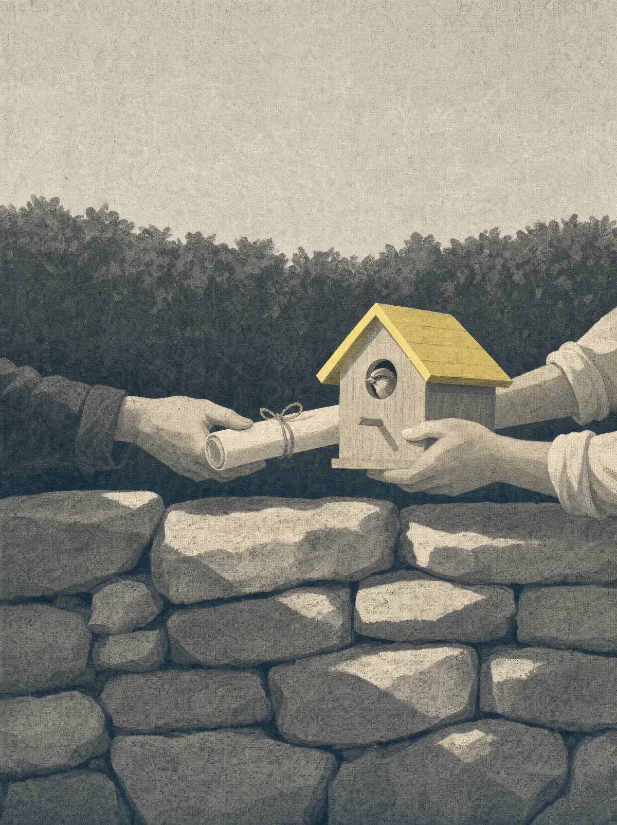 Over a dry-stone wall one hand passes a rolled sheet of paper tied with string, while two hands from the other side hold out a new wooden birdhouse with a citrine roof and a sparrow already peeking out.