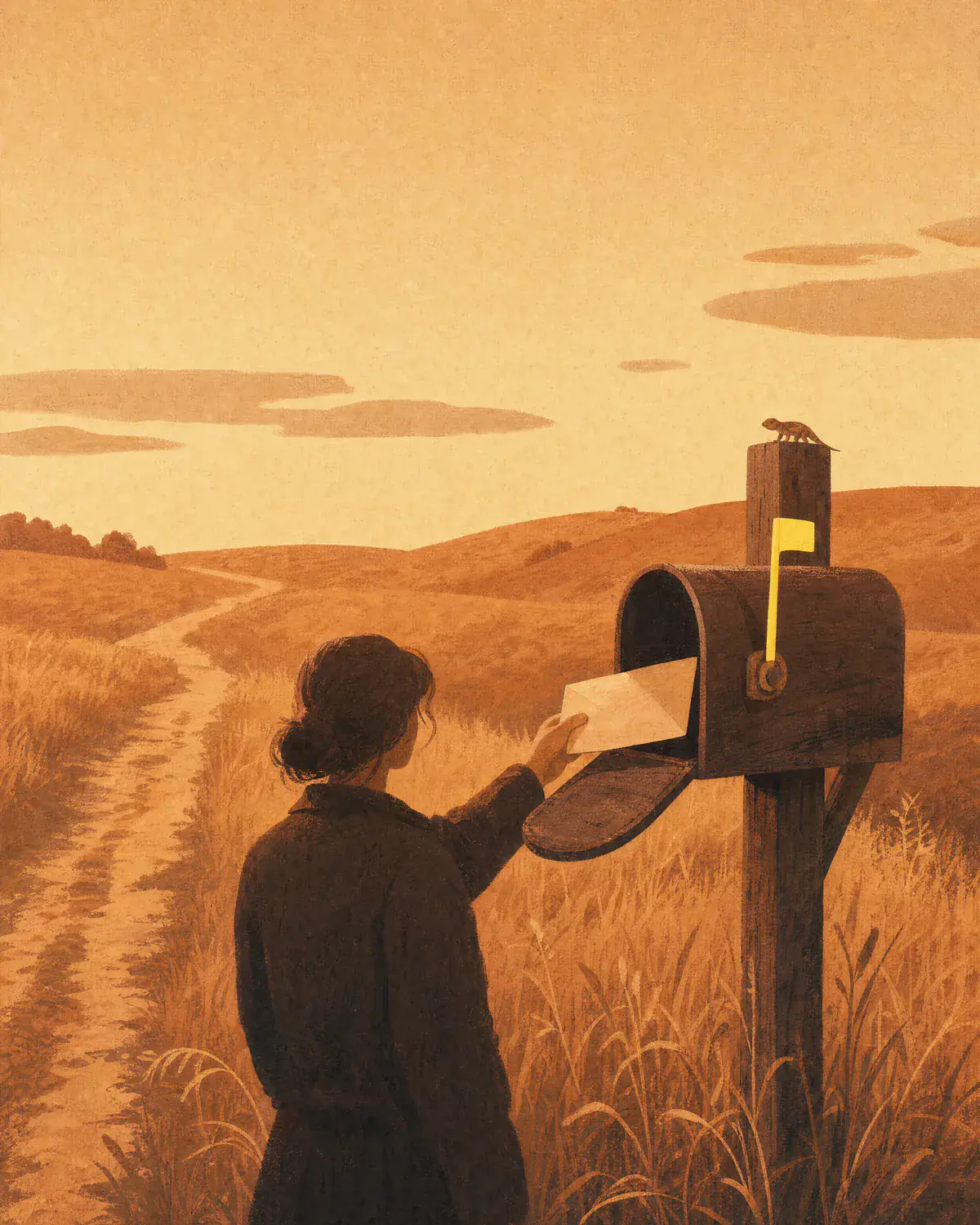 At dawn on the edge of a dry field, a woman slides an envelope into an old wooden mailbox with its yellow flag raised, while a lizard suns itself on the post.