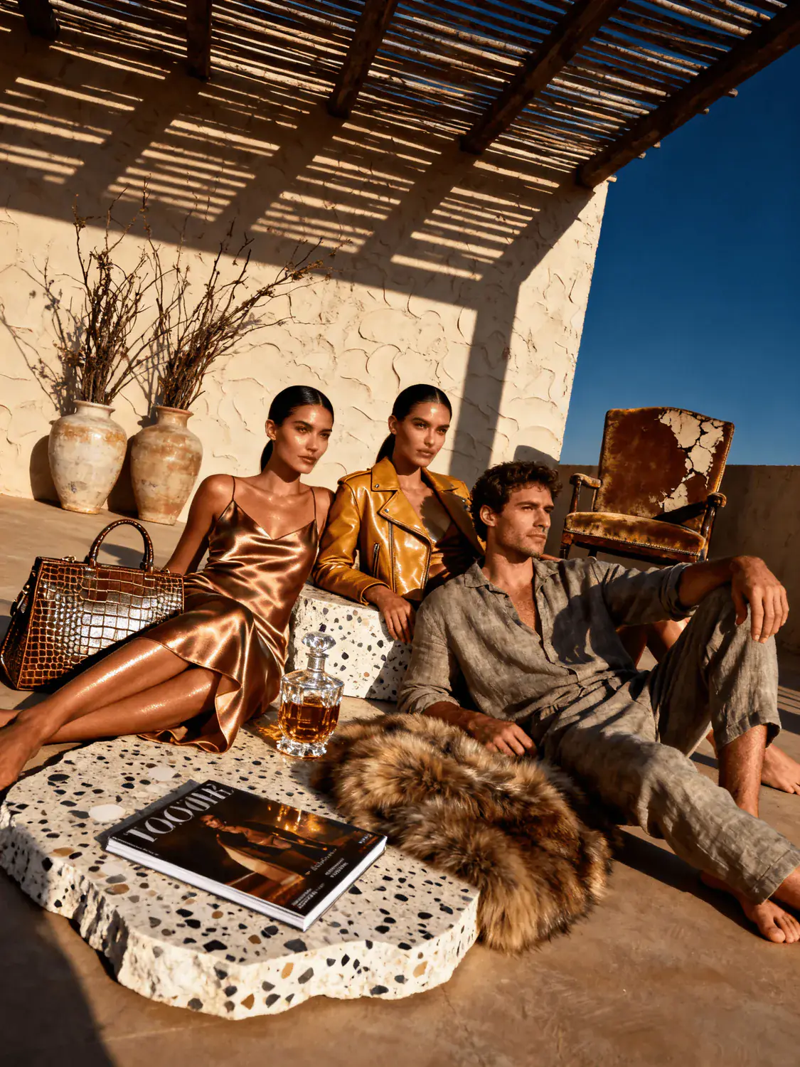 Three AI-generated models lounge on fur rugs on a sunny terrace with a magazine and a leather bag.