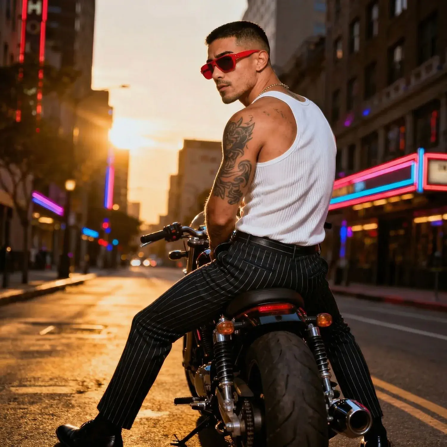 An AI-generated man in red sunglasses sits on a motorbike in a city street at sunset.