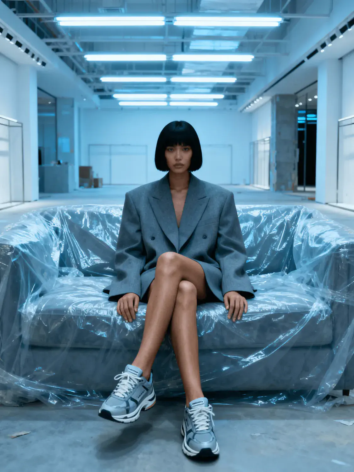 An AI-generated woman in an oversized grey blazer sits on a plastic-wrapped sofa in a bright empty studio.