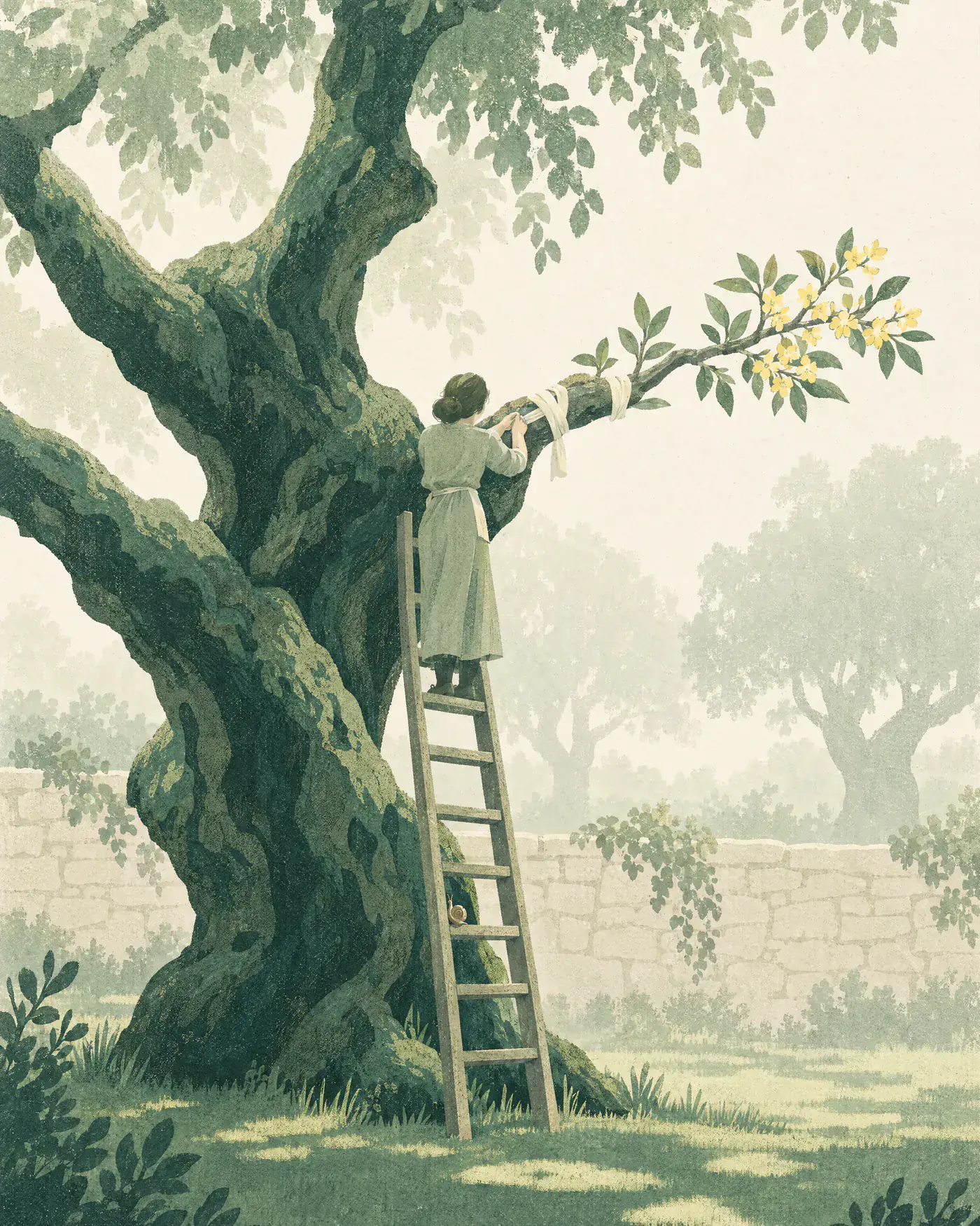 On a misty morning in a walled orchard, a woman on a ladder binds a young branch in yellow bloom onto an old tree.