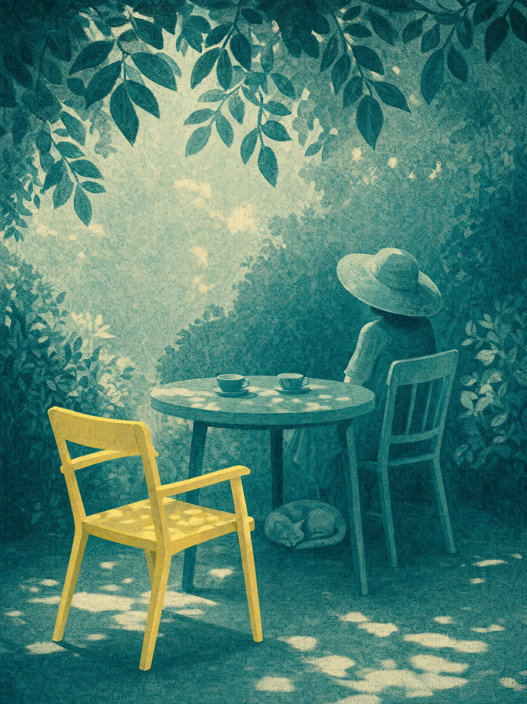 In a shady garden, a woman in a wide hat sits at a small table set with two cups, next to an empty yellow chair, while a cat sleeps underneath.