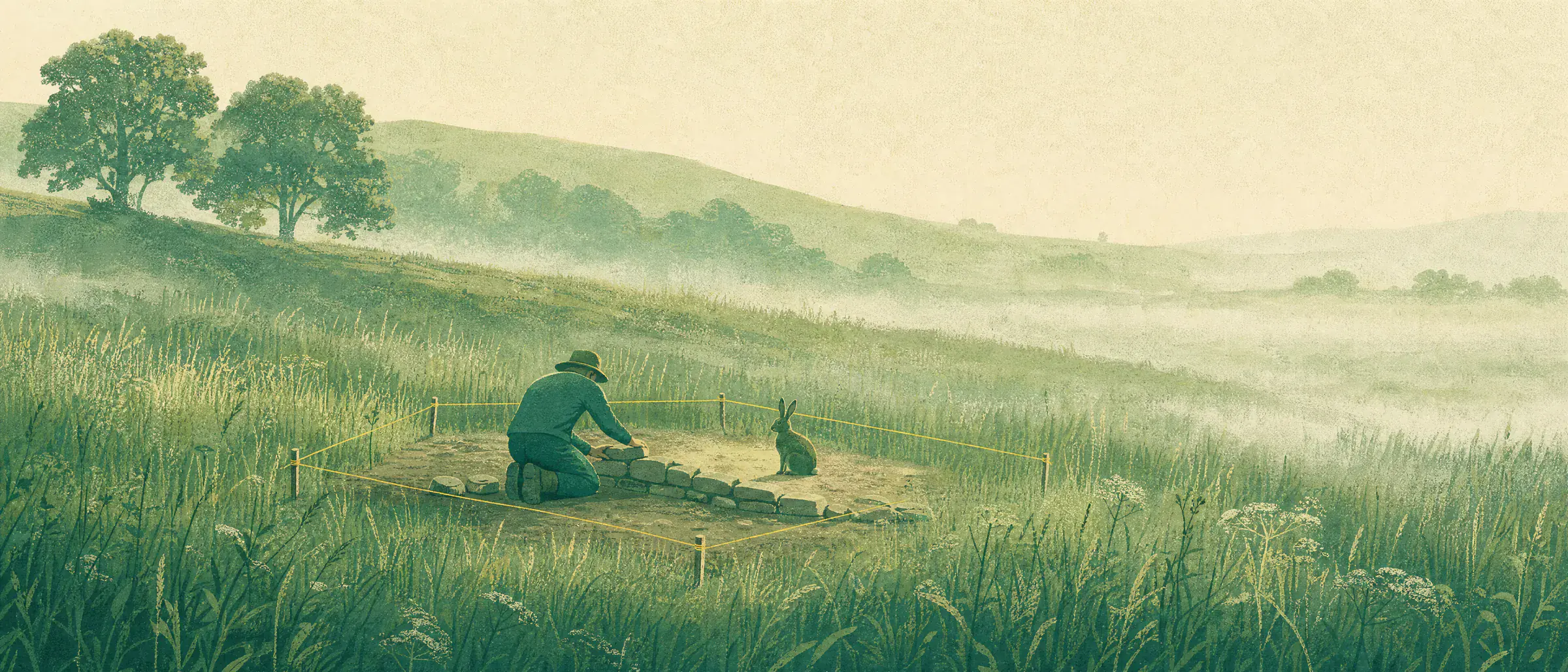 In a misty green meadow, a man kneels inside a plot marked out with yellow string and lays the first stones of a low wall while a hare watches.