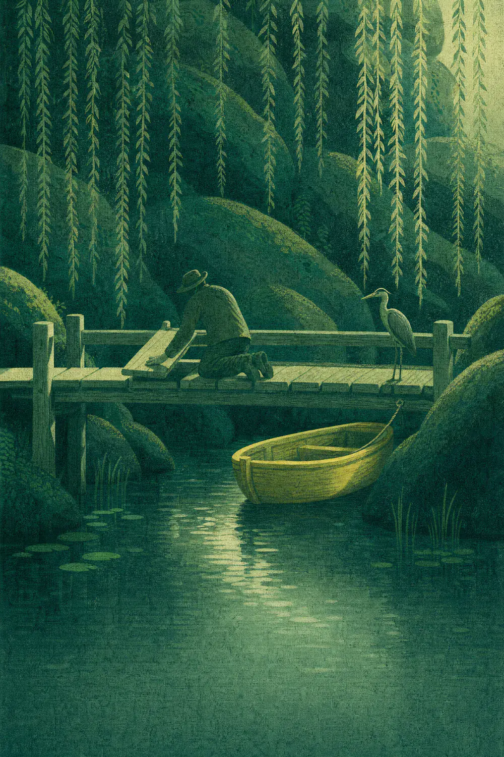 The man fits the last plank into a wooden footbridge over the stream, with the yellow boat tied up below and the heron resting on the rail.