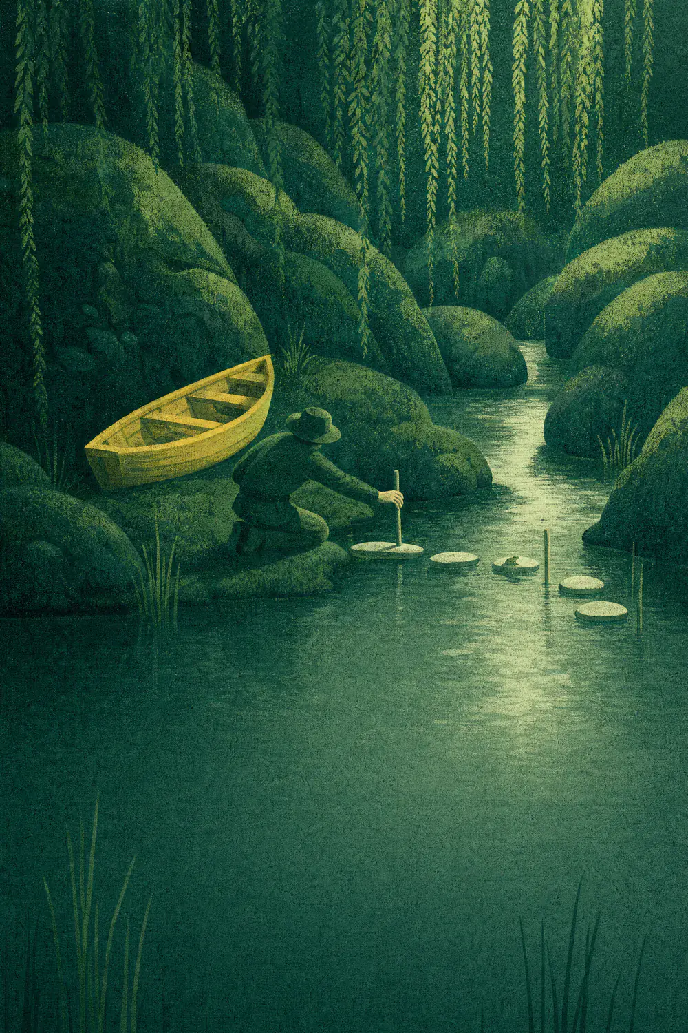 Beside the yellow boat pulled up on a mossy bank, the man kneels and marks a crossing over the stream with stepping stones and stakes, a frog on one stone.