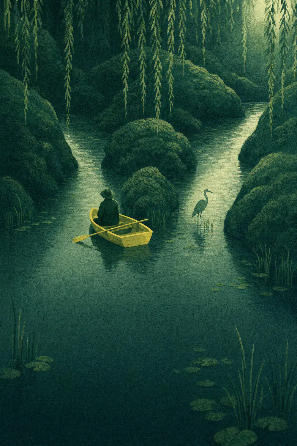 At night a man in a small yellow rowing boat waits where a green river splits in two around a mossy island, while a heron stands in the shallows.