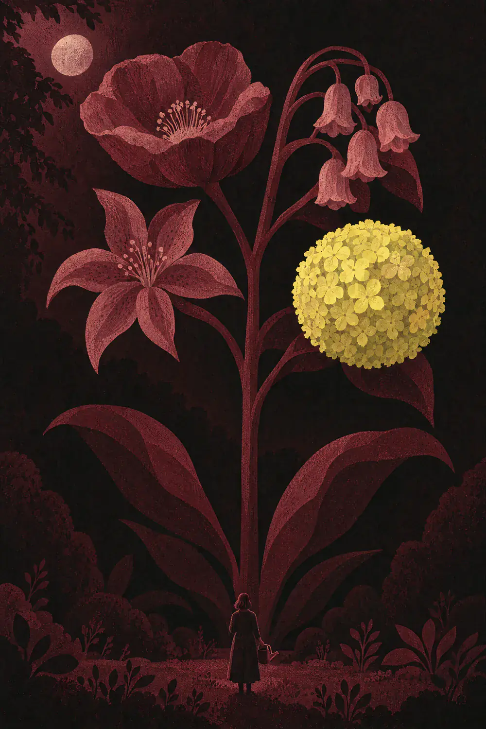 At night a giant plant rises from one stem into four different flowers, one of them a yellow globe, while a small figure with a watering can looks up from its base.