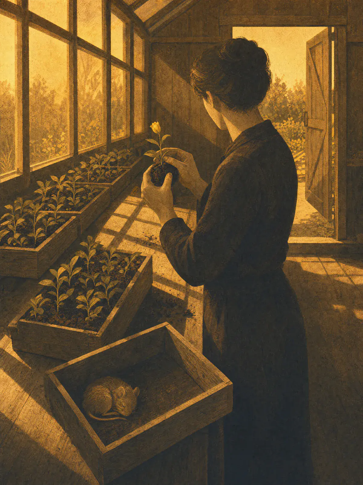 In a sunlit wooden greenhouse, a woman lifts one seedling with a yellow bud out of a row of trays while a mouse sleeps in an empty tray.