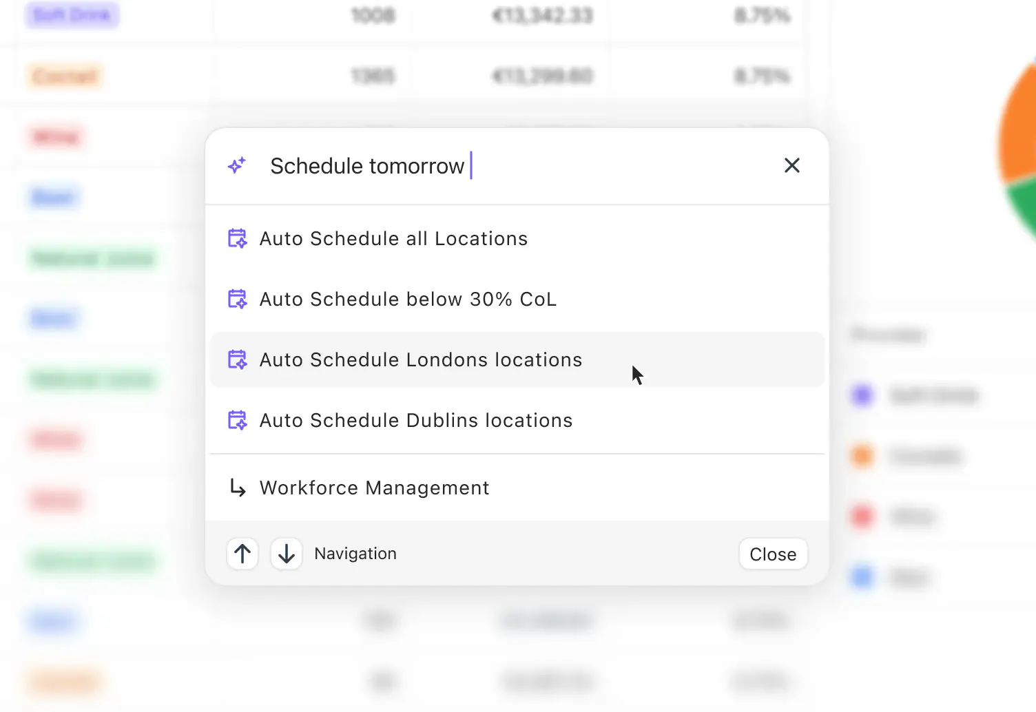 Nory's command menu suggesting auto-schedule actions for different locations.