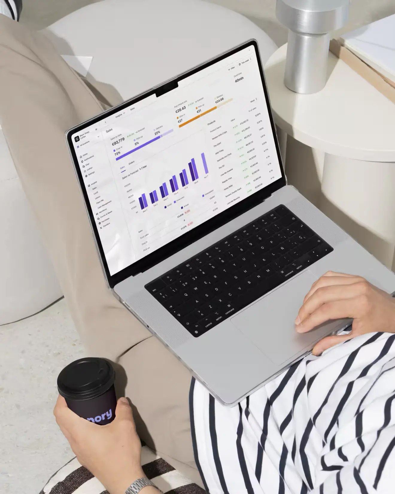 Someone works in Nory's web app on a laptop on their lap, holding a coffee cup.