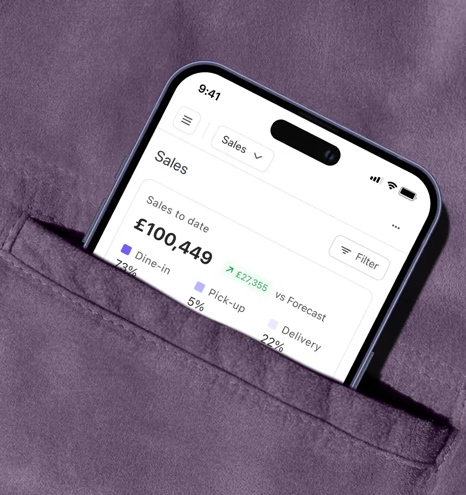 A phone showing Nory's sales screen sits in the pocket of a purple shirt.