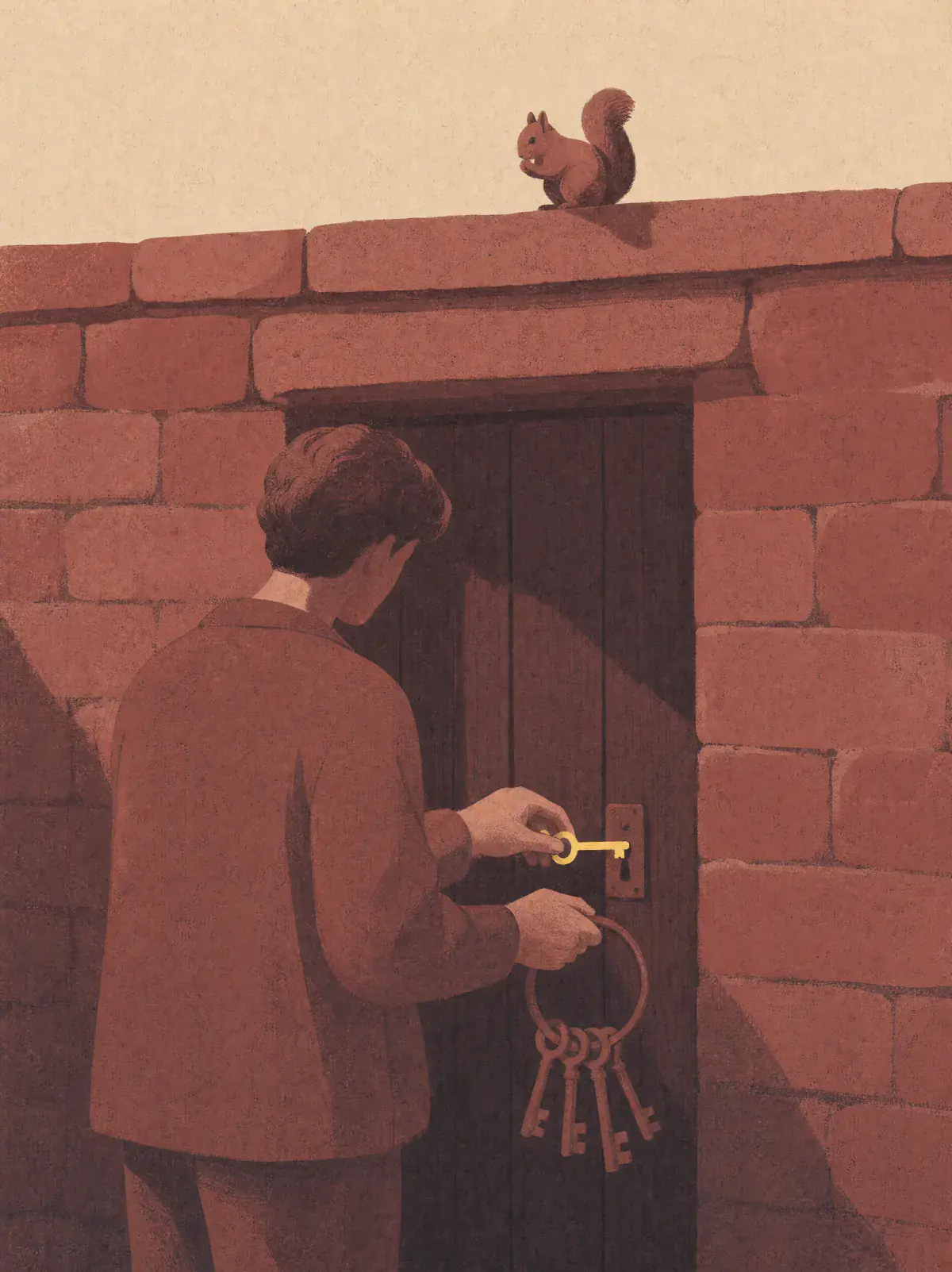 Someone holding a big ring of old keys turns the one citrine key in the lock of a wooden door in a brick wall, while a squirrel watches from the top of the wall.