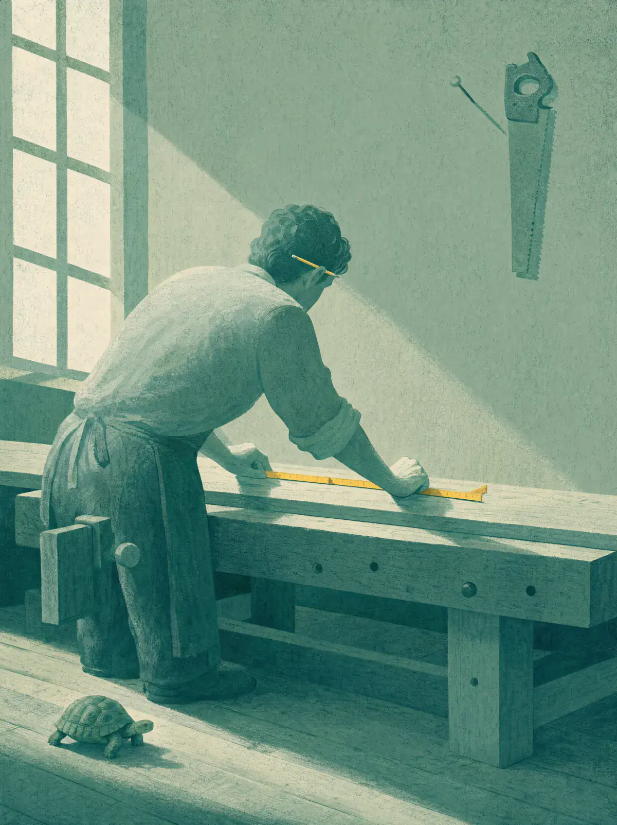 In a quiet workshop a carpenter with a pencil behind one ear measures a plank with a citrine folding ruler, while the saw stays on its peg and a tortoise crosses the floor.