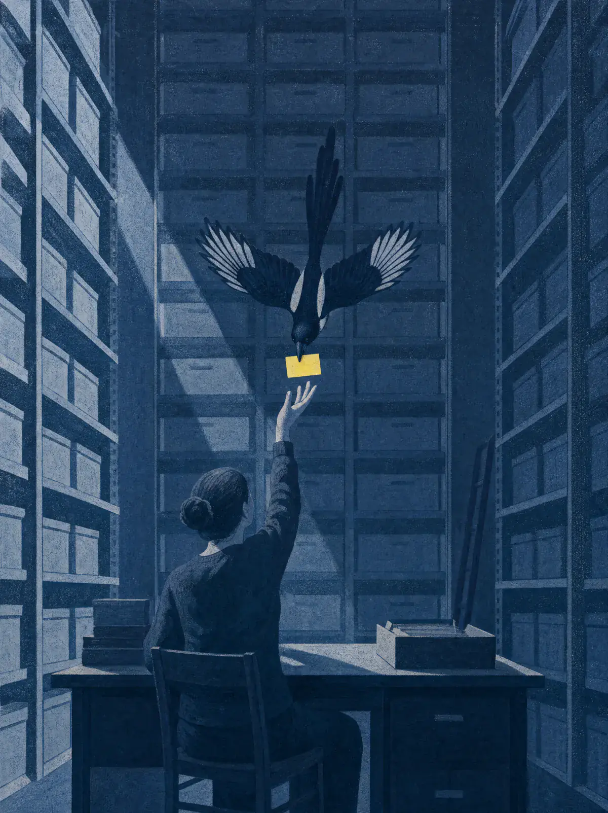 In a tall archive of identical boxes, a magpie swoops down to drop one citrine card into the raised hand of an archivist at her desk.
