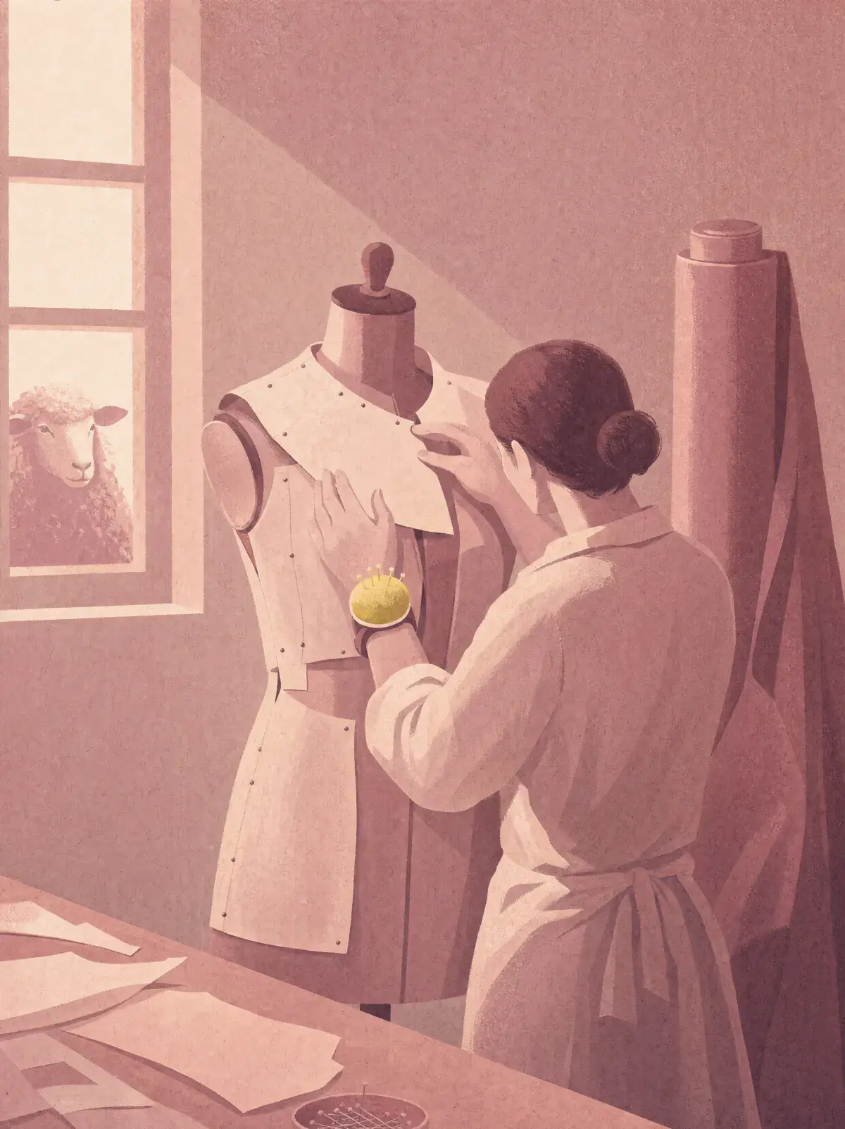 A tailor pins paper pattern pieces onto a dress form, a citrine pincushion on her wrist and a bolt of real fabric untouched beside her, while a sheep looks in through the window.