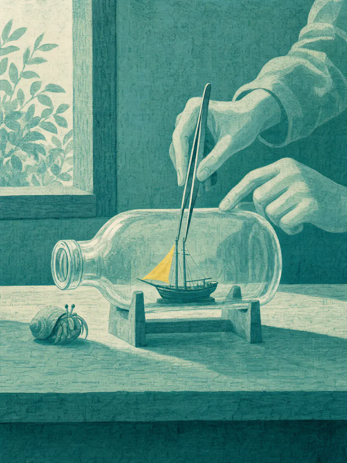 Two hands raise the masts of a tiny ship with a citrine sail inside a glass bottle using long tweezers, while a hermit crab watches from the workbench.