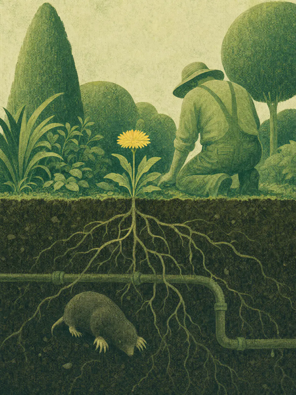 A cross-section of a garden: a gardener kneels by a bed with one citrine flower, and below the soil its roots spread around an irrigation pipe where a mole is digging.