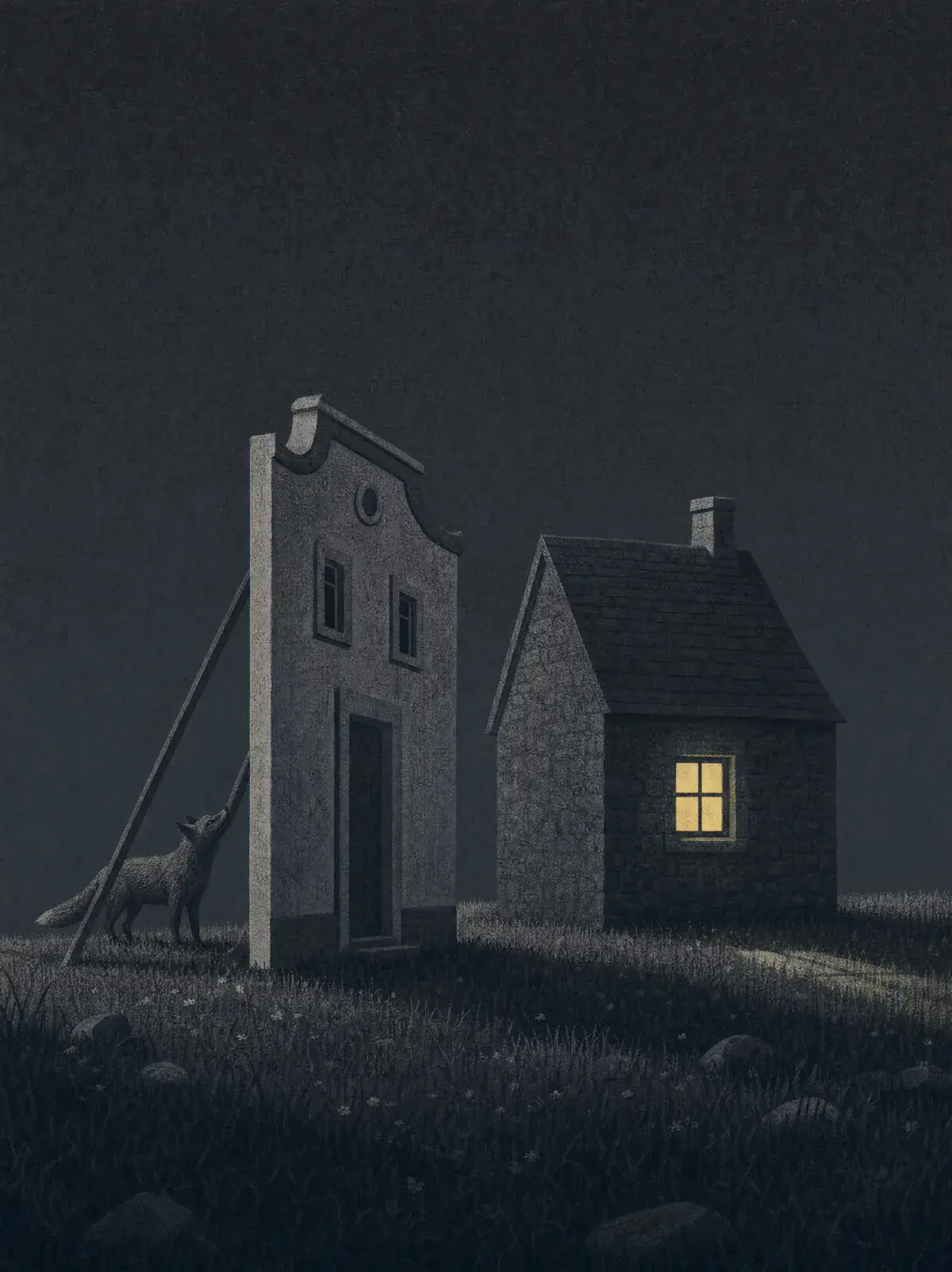 At night a beautifully painted house front stands in a meadow, only a flat board propped up by two beams with a fox sniffing behind it, next to a small real stone cottage with one lit citrine window.