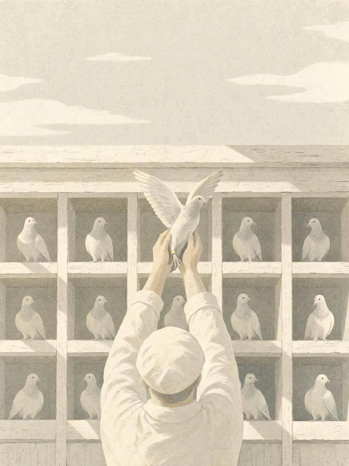 In front of a whitewashed pigeon loft where a pigeon sits in every box, a keeper lifts one pigeon with a citrine band on its leg into the open sky.