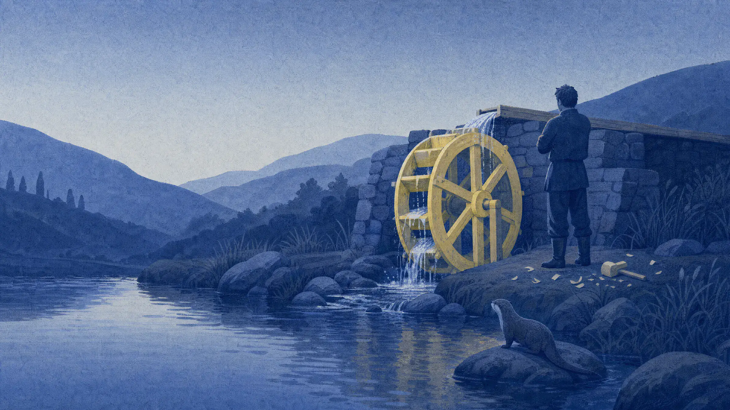 At dusk a man stands with folded arms beside a newly built yellow water wheel turning against a stone wall, while an otter watches from a rock in the stream.