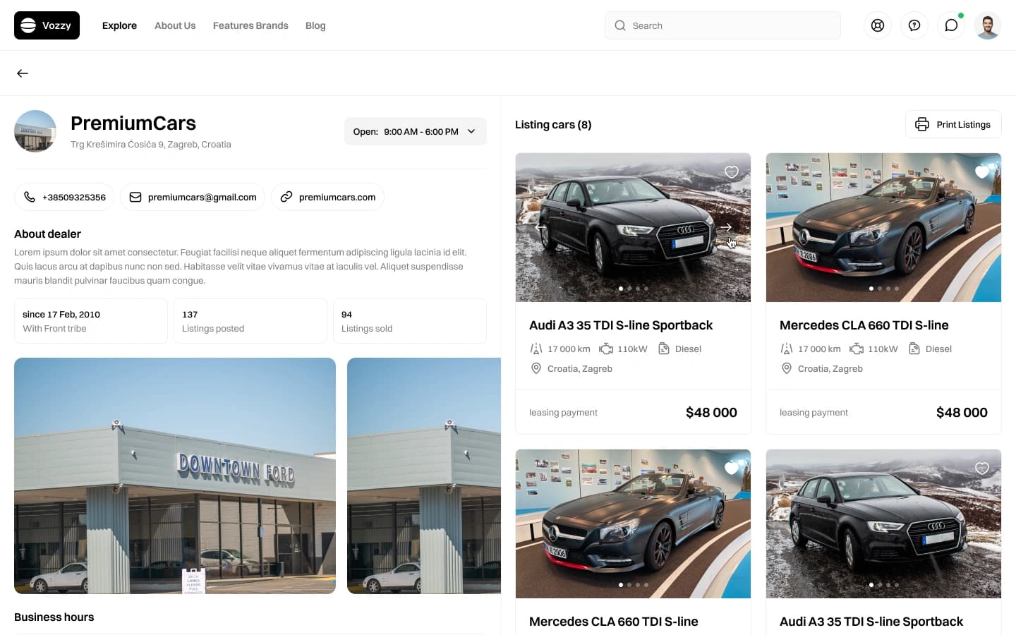 Vozzy car marketplace search interface